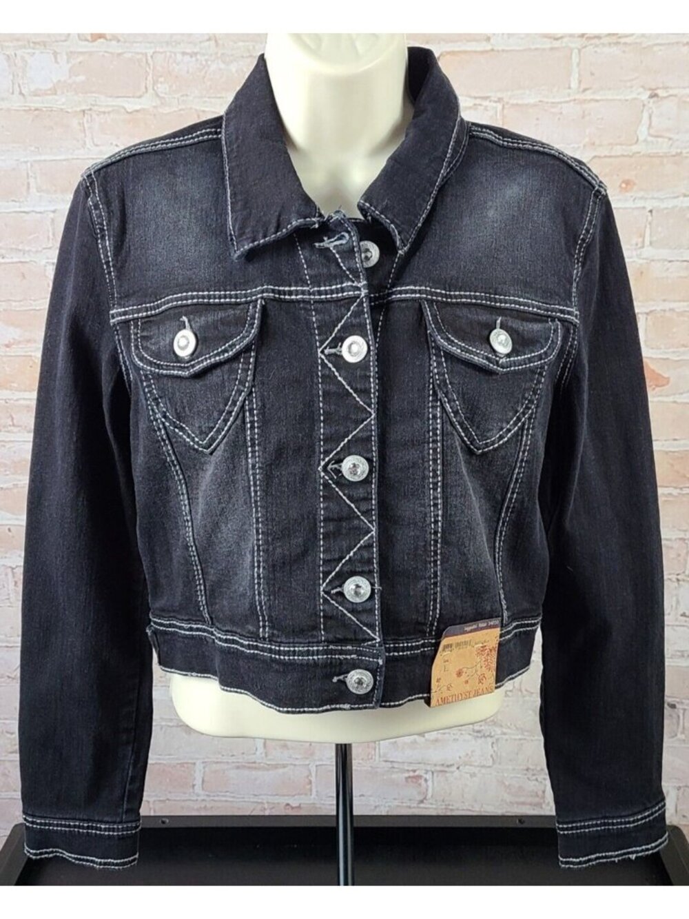 Amethyst Jeans Black Denim Cropped Western Boho Jacket Women Junior's Large NWT